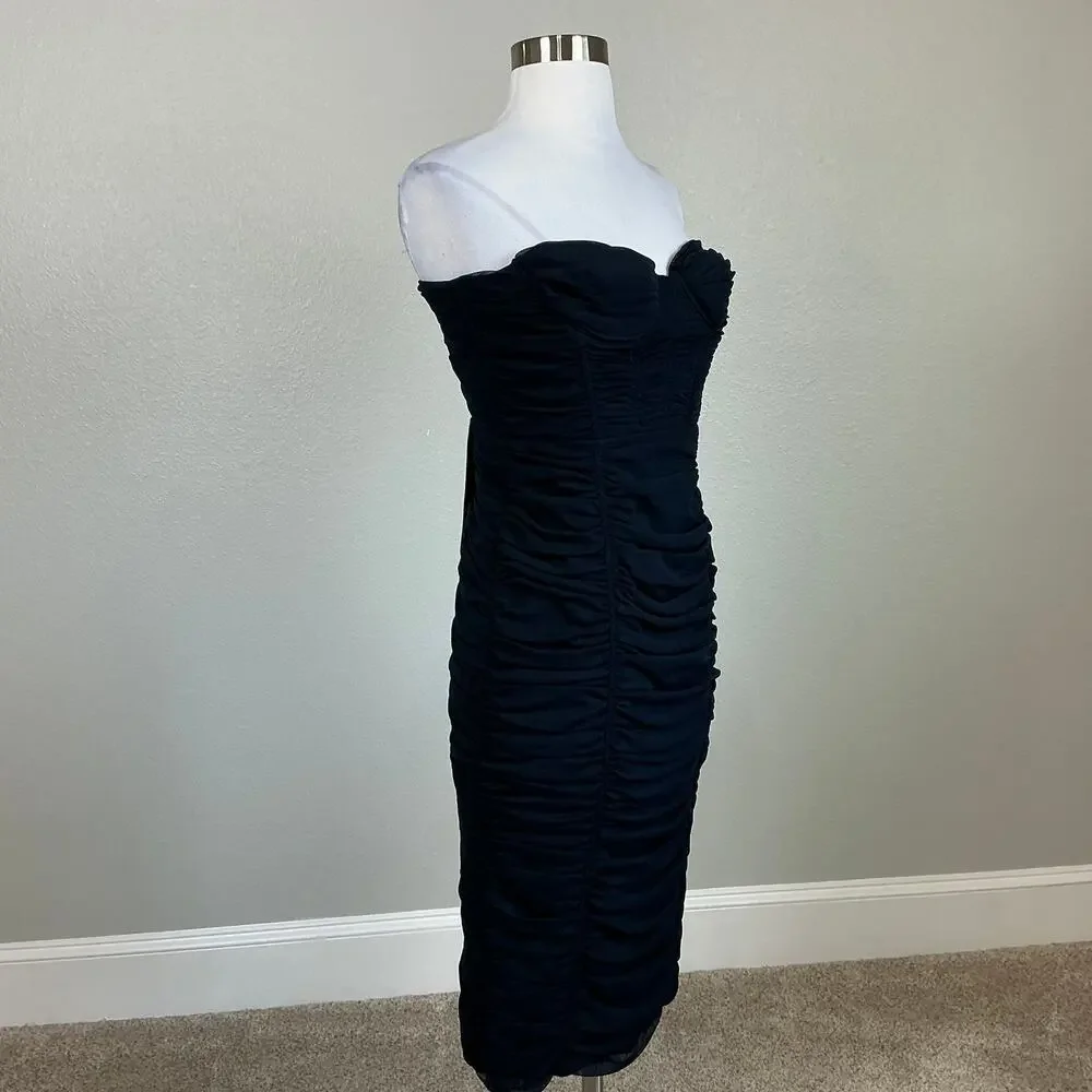 BCBGMAXAZRIA Women's Cocktail Dress Size 8 Blue Strapless Ruched Midi Sheath - Picture 3 of 13